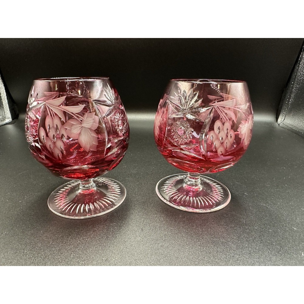 (2) NACHTMANN TRAUBE CRANBERRY CASED CUT TO CLEAR CRYSTAL BRANDY SNIFTER INHALER